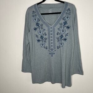 Pure Jill Floral Embroidered V-Neck Tunic Top Gray Pullover Long Sleeve Sz M